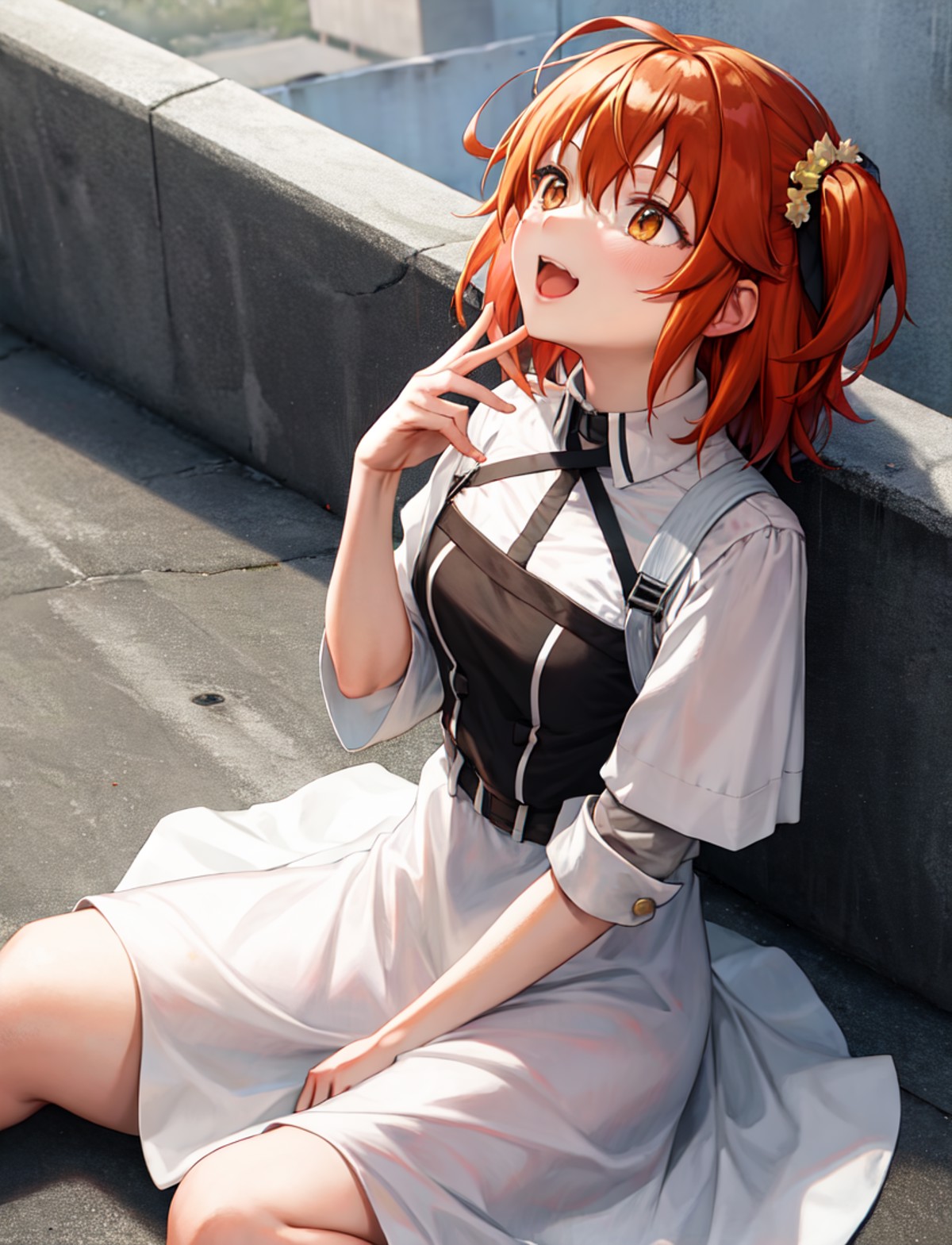 masterpiece, best quality, gudako, solo,  hands up, looking up, view from side, sitting on roof, <lora:GUDAKO2-20:0.8>